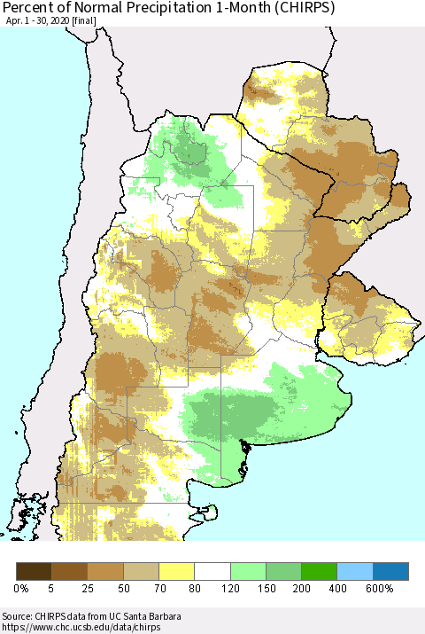 Southern South America Percent of Normal Precipitation 1-Month (CHIRPS) Thematic Map For 4/1/2020 - 4/30/2020