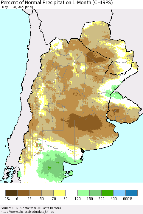 Southern South America Percent of Normal Precipitation 1-Month (CHIRPS) Thematic Map For 5/1/2020 - 5/31/2020