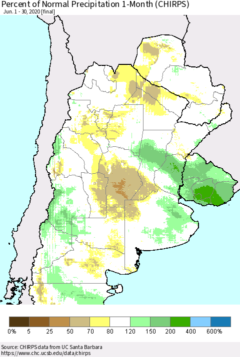 Southern South America Percent of Normal Precipitation 1-Month (CHIRPS) Thematic Map For 6/1/2020 - 6/30/2020