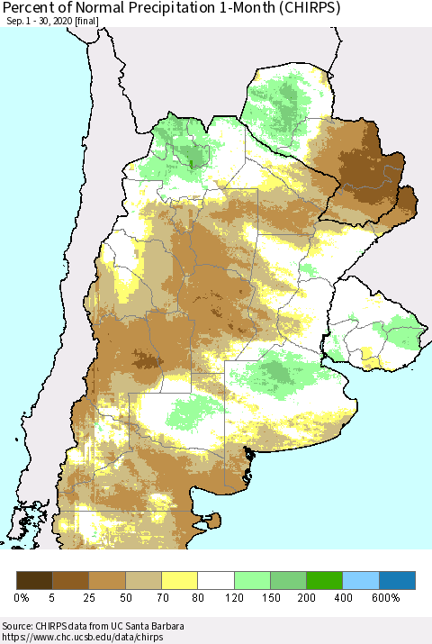 Southern South America Percent of Normal Precipitation 1-Month (CHIRPS) Thematic Map For 9/1/2020 - 9/30/2020