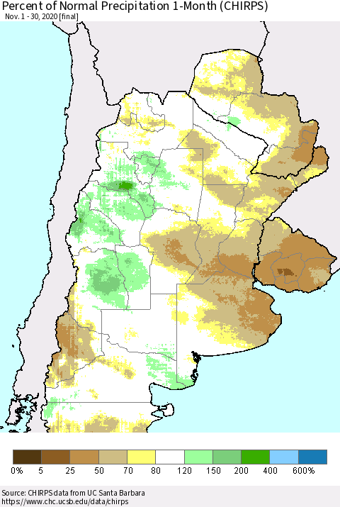 Southern South America Percent of Normal Precipitation 1-Month (CHIRPS) Thematic Map For 11/1/2020 - 11/30/2020