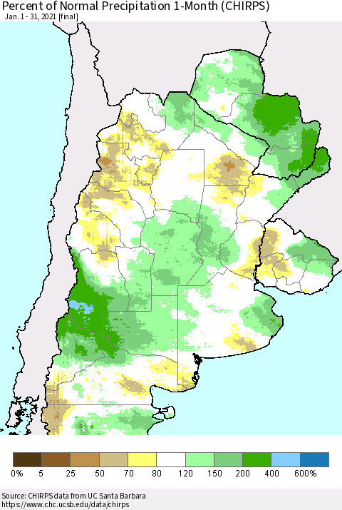 Southern South America Percent of Normal Precipitation 1-Month (CHIRPS) Thematic Map For 1/1/2021 - 1/31/2021