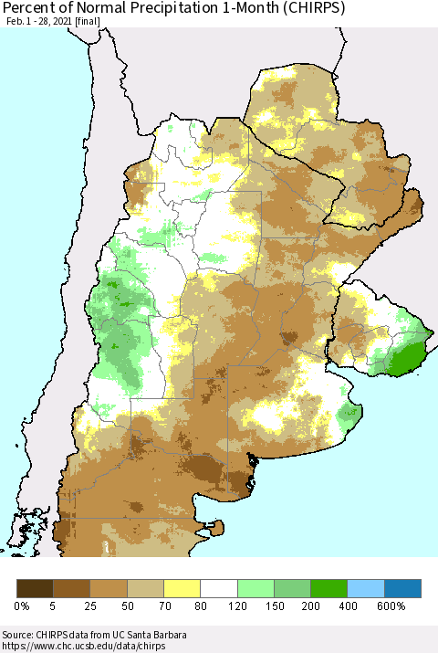 Southern South America Percent of Normal Precipitation 1-Month (CHIRPS) Thematic Map For 2/1/2021 - 2/28/2021