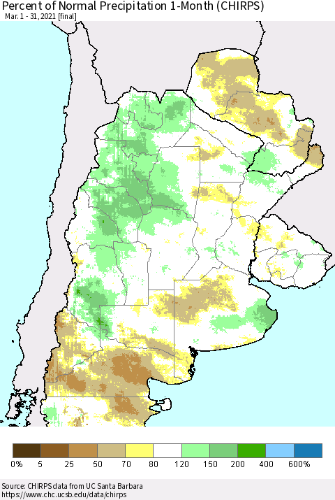 Southern South America Percent of Normal Precipitation 1-Month (CHIRPS) Thematic Map For 3/1/2021 - 3/31/2021