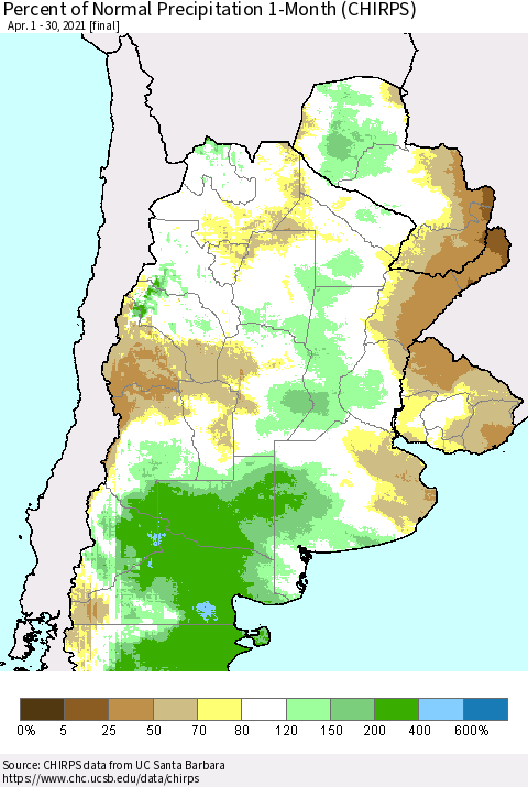 Southern South America Percent of Normal Precipitation 1-Month (CHIRPS) Thematic Map For 4/1/2021 - 4/30/2021