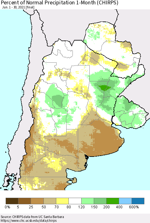 Southern South America Percent of Normal Precipitation 1-Month (CHIRPS) Thematic Map For 6/1/2021 - 6/30/2021
