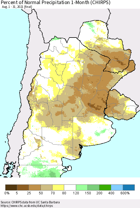 Southern South America Percent of Normal Precipitation 1-Month (CHIRPS) Thematic Map For 8/1/2021 - 8/31/2021