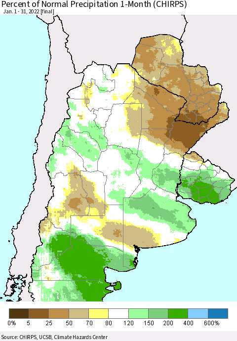 Southern South America Percent of Normal Precipitation 1-Month (CHIRPS) Thematic Map For 1/1/2022 - 1/31/2022