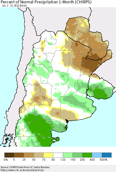 Southern South America Percent of Normal Precipitation 1-Month (CHIRPS) Thematic Map For 1/1/2022 - 1/31/2022