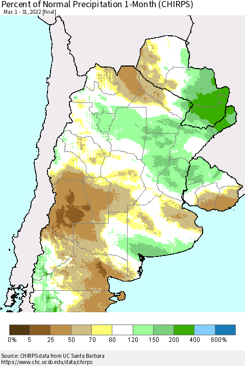 Southern South America Percent of Normal Precipitation 1-Month (CHIRPS) Thematic Map For 3/1/2022 - 3/31/2022