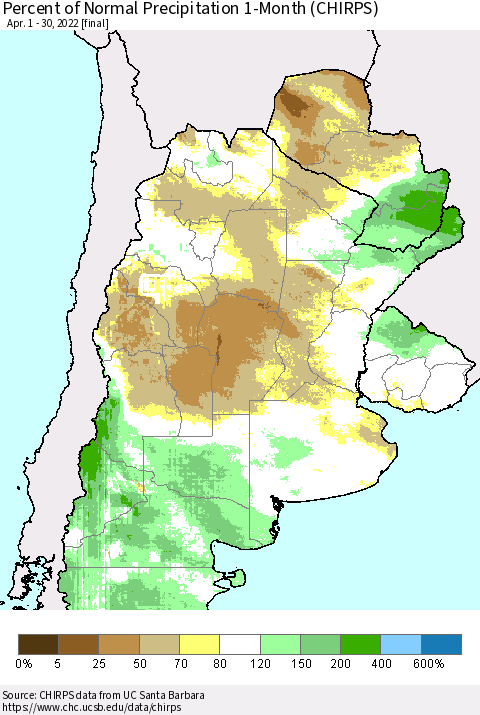 Southern South America Percent of Normal Precipitation 1-Month (CHIRPS) Thematic Map For 4/1/2022 - 4/30/2022