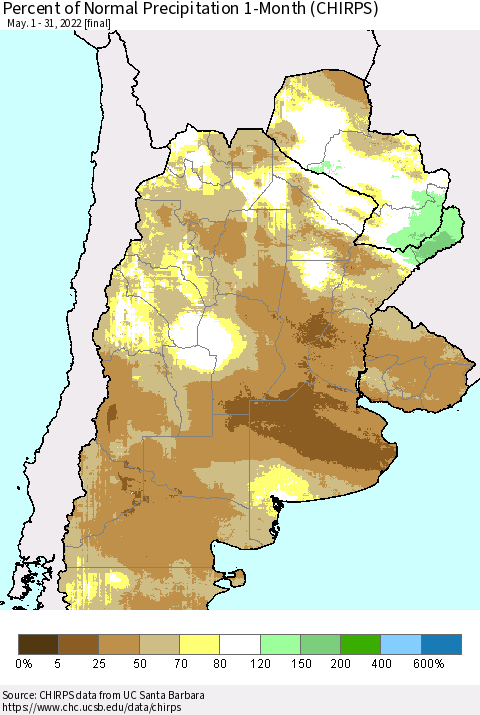 Southern South America Percent of Normal Precipitation 1-Month (CHIRPS) Thematic Map For 5/1/2022 - 5/31/2022