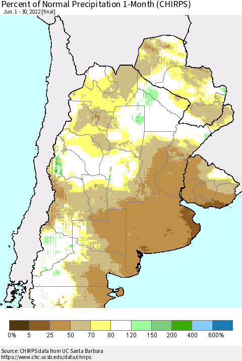 Southern South America Percent of Normal Precipitation 1-Month (CHIRPS) Thematic Map For 6/1/2022 - 6/30/2022