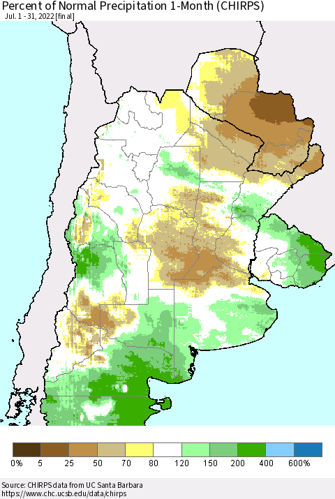 Southern South America Percent of Normal Precipitation 1-Month (CHIRPS) Thematic Map For 7/1/2022 - 7/31/2022