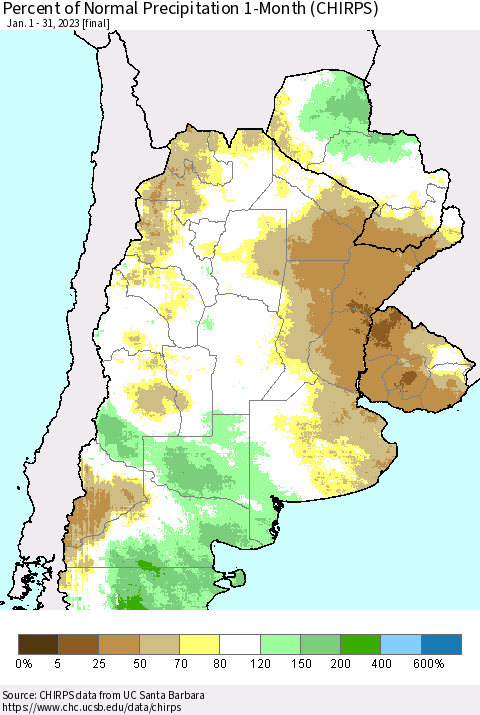 Southern South America Percent of Normal Precipitation 1-Month (CHIRPS) Thematic Map For 1/1/2023 - 1/31/2023