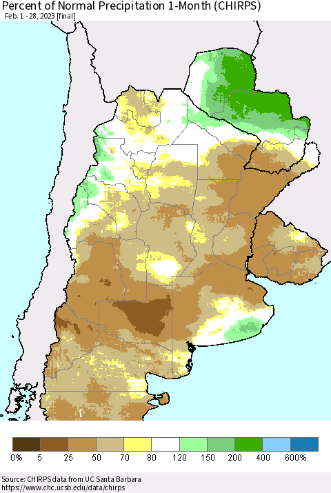 Southern South America Percent of Normal Precipitation 1-Month (CHIRPS) Thematic Map For 2/1/2023 - 2/28/2023