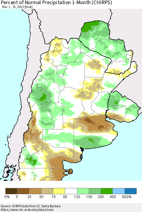 Southern South America Percent of Normal Precipitation 1-Month (CHIRPS) Thematic Map For 3/1/2023 - 3/31/2023