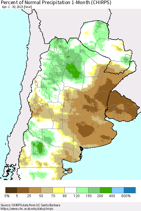 Southern South America Percent of Normal Precipitation 1-Month (CHIRPS) Thematic Map For 4/1/2023 - 4/30/2023