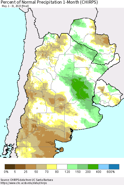 Southern South America Percent of Normal Precipitation 1-Month (CHIRPS) Thematic Map For 5/1/2023 - 5/31/2023