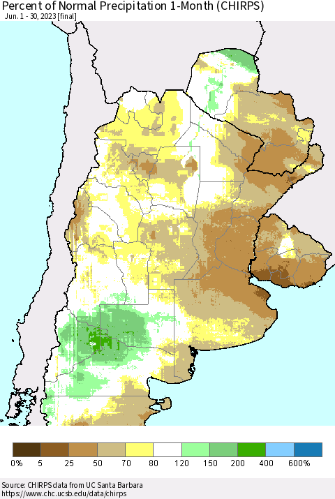 Southern South America Percent of Normal Precipitation 1-Month (CHIRPS) Thematic Map For 6/1/2023 - 6/30/2023