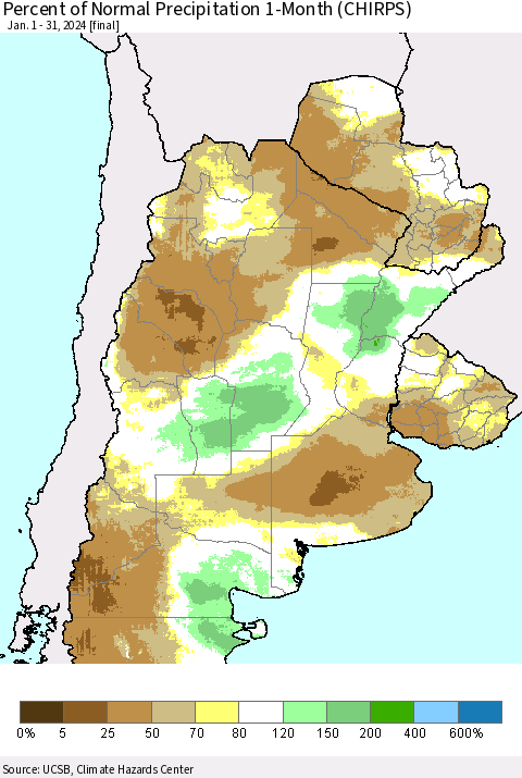 Southern South America Percent of Normal Precipitation 1-Month (CHIRPS) Thematic Map For 1/1/2024 - 1/31/2024
