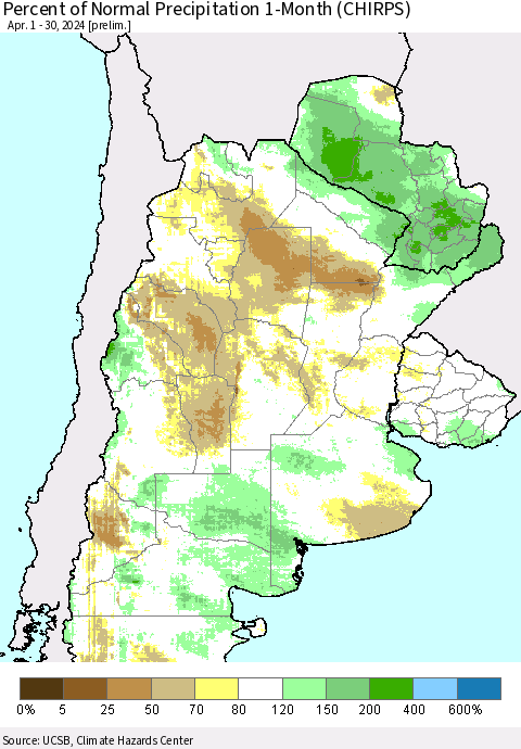 Southern South America Percent of Normal Precipitation 1-Month (CHIRPS) Thematic Map For 4/1/2024 - 4/30/2024