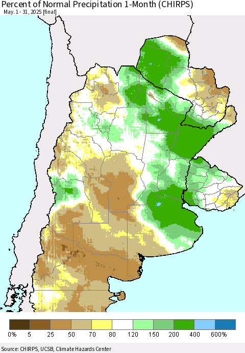 Southern South America Percent of Normal Precipitation 1-Month (CHIRPS) Thematic Map For 5/1/2025 - 5/31/2025