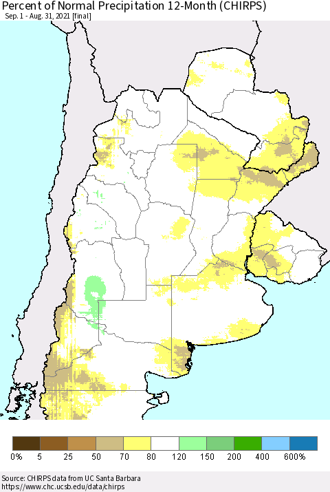 Southern South America Percent of Normal Precipitation 12-Month (CHIRPS) Thematic Map For 9/1/2020 - 8/31/2021