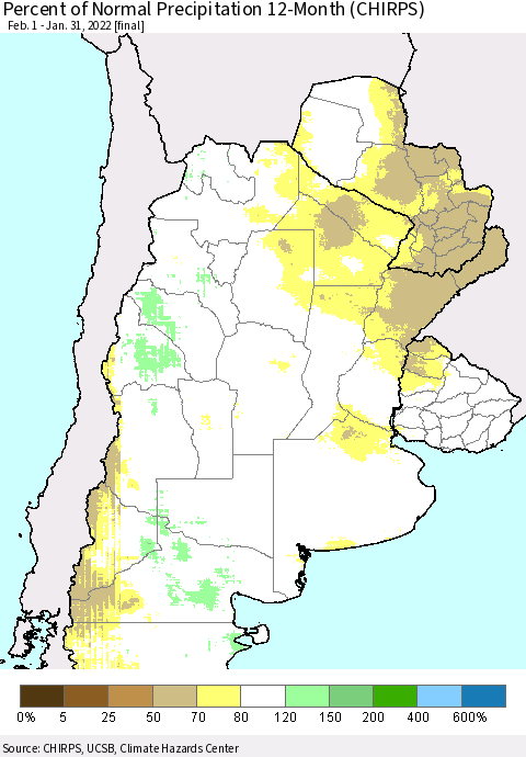 Southern South America Percent of Normal Precipitation 12-Month (CHIRPS) Thematic Map For 2/1/2021 - 1/31/2022