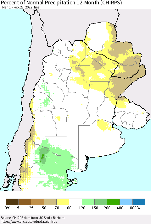 Southern South America Percent of Normal Precipitation 12-Month (CHIRPS) Thematic Map For 3/1/2021 - 2/28/2022
