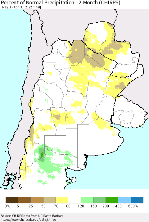 Southern South America Percent of Normal Precipitation 12-Month (CHIRPS) Thematic Map For 5/1/2021 - 4/30/2022