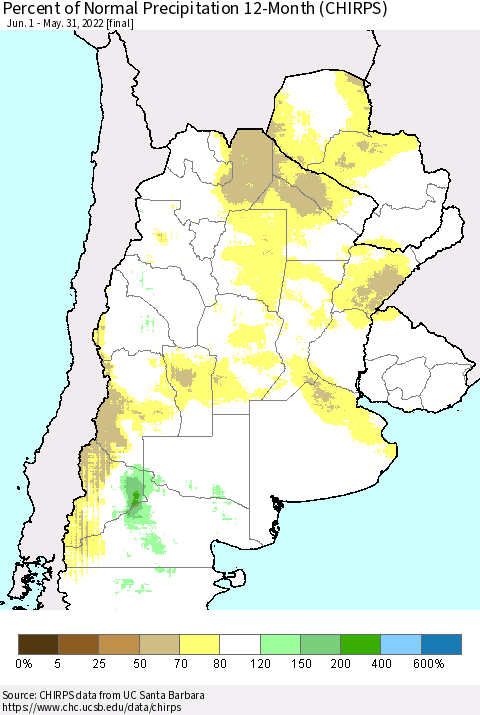 Southern South America Percent of Normal Precipitation 12-Month (CHIRPS) Thematic Map For 6/1/2021 - 5/31/2022