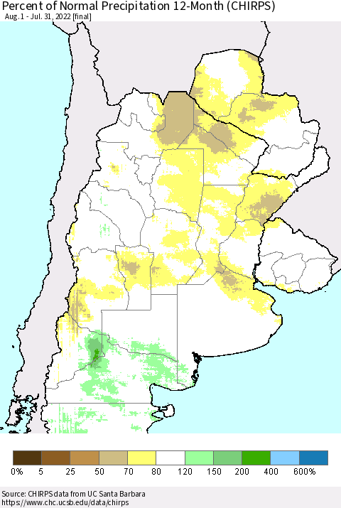 Southern South America Percent of Normal Precipitation 12-Month (CHIRPS) Thematic Map For 8/1/2021 - 7/31/2022