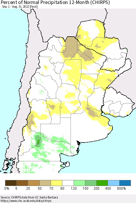 Southern South America Percent of Normal Precipitation 12-Month (CHIRPS) Thematic Map For 9/1/2021 - 8/31/2022