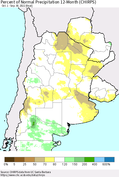Southern South America Percent of Normal Precipitation 12-Month (CHIRPS) Thematic Map For 10/1/2021 - 9/30/2022