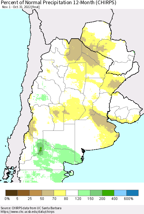 Southern South America Percent of Normal Precipitation 12-Month (CHIRPS) Thematic Map For 11/1/2021 - 10/31/2022