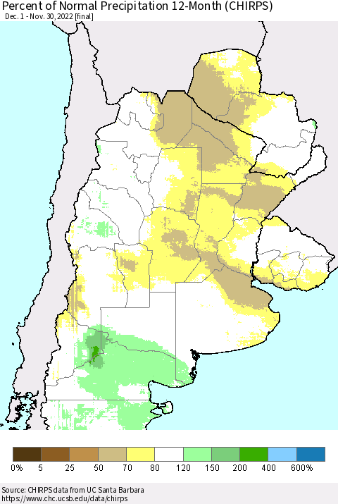 Southern South America Percent of Normal Precipitation 12-Month (CHIRPS) Thematic Map For 12/1/2021 - 11/30/2022
