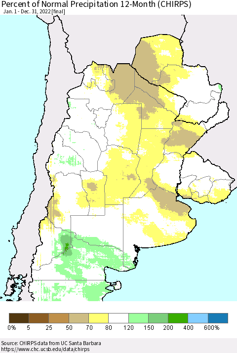Southern South America Percent of Normal Precipitation 12-Month (CHIRPS) Thematic Map For 1/1/2022 - 12/31/2022