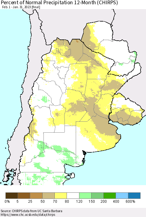 Southern South America Percent of Normal Precipitation 12-Month (CHIRPS) Thematic Map For 2/1/2022 - 1/31/2023
