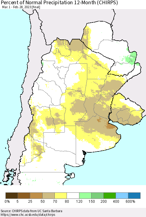 Southern South America Percent of Normal Precipitation 12-Month (CHIRPS) Thematic Map For 3/1/2022 - 2/28/2023