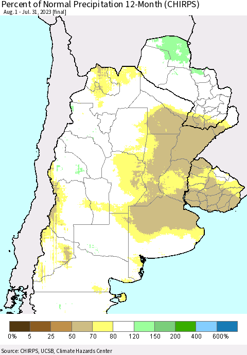 Southern South America Percent of Normal Precipitation 12-Month (CHIRPS) Thematic Map For 8/1/2022 - 7/31/2023