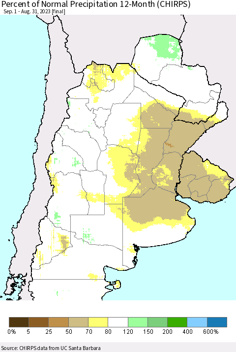 Southern South America Percent of Normal Precipitation 12-Month (CHIRPS) Thematic Map For 9/1/2022 - 8/31/2023