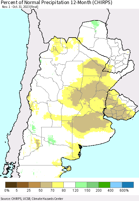 Southern South America Percent of Normal Precipitation 12-Month (CHIRPS) Thematic Map For 11/1/2022 - 10/31/2023