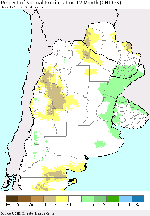 Southern South America Percent of Normal Precipitation 12-Month (CHIRPS) Thematic Map For 5/1/2023 - 4/30/2024