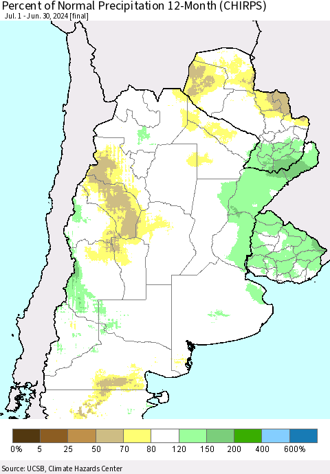 Southern South America Percent of Normal Precipitation 12-Month (CHIRPS) Thematic Map For 7/1/2023 - 6/30/2024