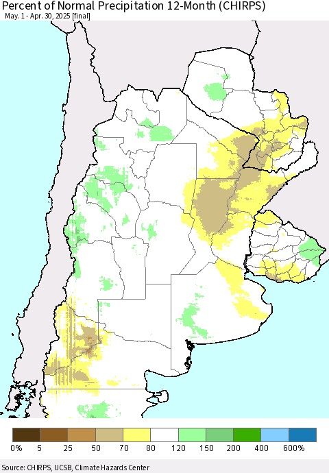 Southern South America Percent of Normal Precipitation 12-Month (CHIRPS) Thematic Map For 5/1/2024 - 4/30/2025