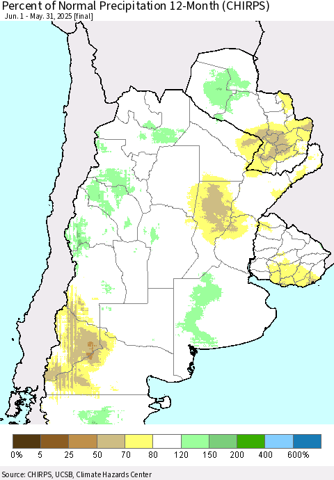 Southern South America Percent of Normal Precipitation 12-Month (CHIRPS) Thematic Map For 6/1/2024 - 5/31/2025