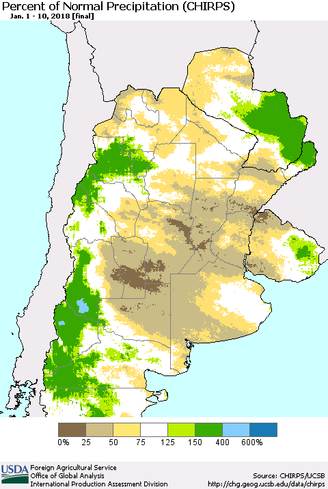 Southern South America Percent of Normal Precipitation (CHIRPS) Thematic Map For 1/1/2018 - 1/10/2018