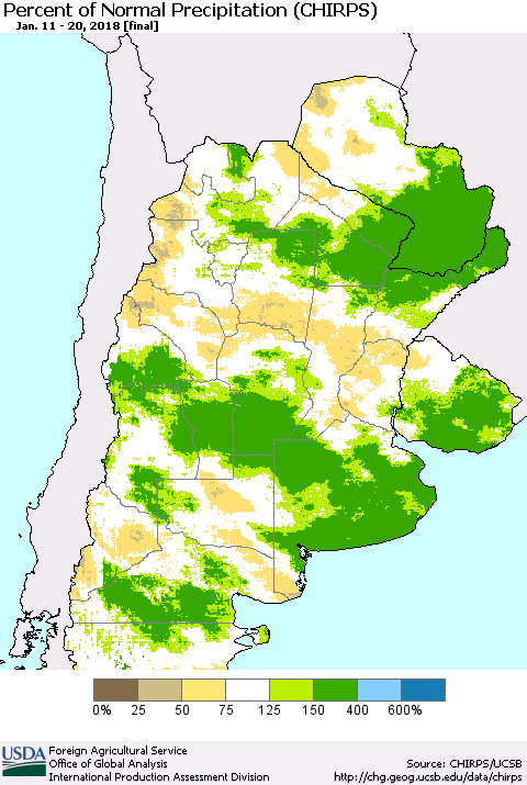 Southern South America Percent of Normal Precipitation (CHIRPS) Thematic Map For 1/11/2018 - 1/20/2018