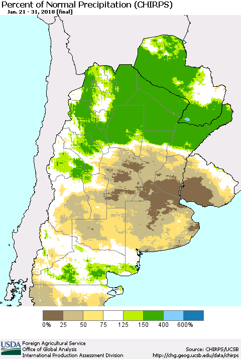 Southern South America Percent of Normal Precipitation (CHIRPS) Thematic Map For 1/21/2018 - 1/31/2018